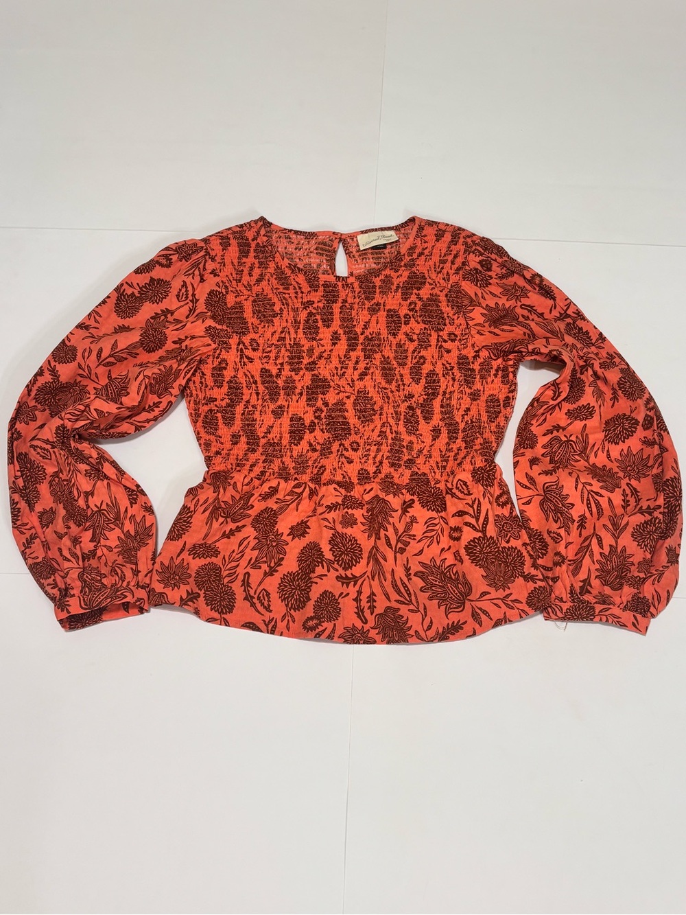 Universal Thread Women's Orange and brown Floral Smocked Peasant Blouse